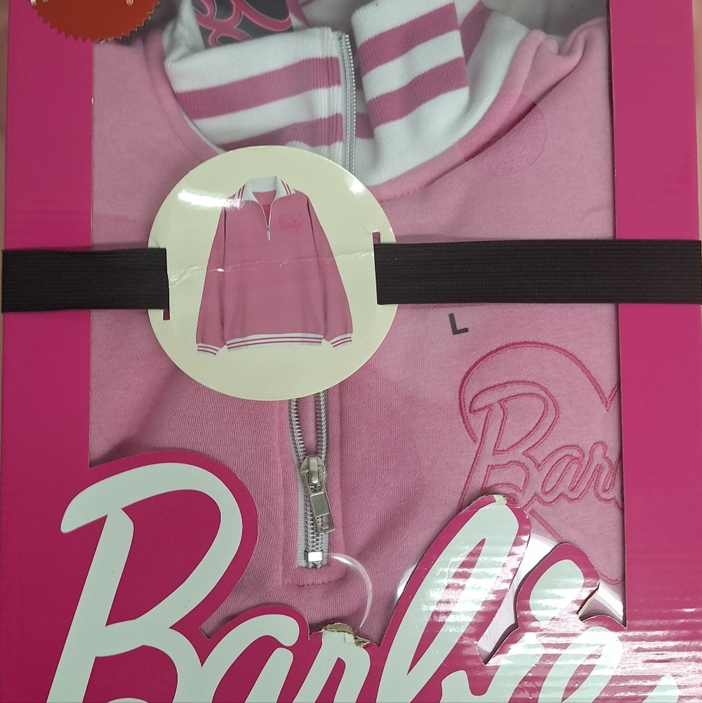 Barbie Pullover Sweater By Mattel. Pink/ White Half Zip-Up. Size L.